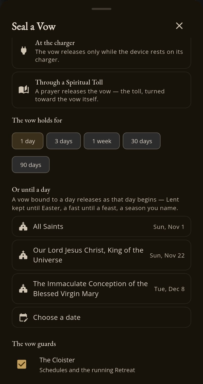 The Seal a Vow sheet in Catholic DeVice listing the six release methods, with term chips from one day to ninety days and the next feast days suggested beneath