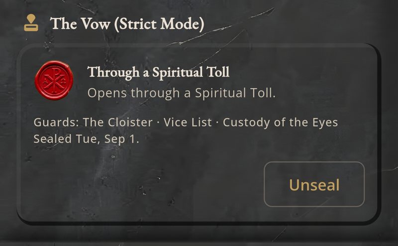 A sealed Vow in Catholic DeVice: a red wax seal beside the chosen release method, Through a Spiritual Toll, listing what it guards and the date it was sealed