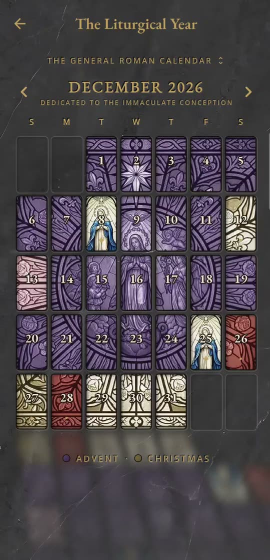 The liturgical calendar in Catholic DeVice for December 2026: stained-glass panes in Advent violet, rose on Gaudete Sunday, white for the Immaculate Conception and Christmas