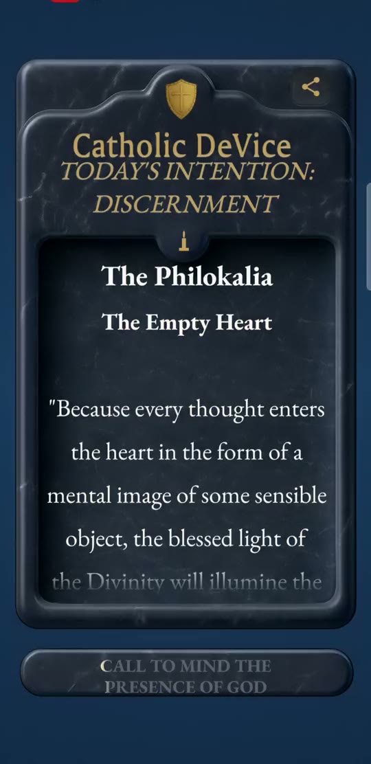 Screen recording of the Android Praywall holding a Philokalia passage crowned by the day's intention while the quiet countdown fills, until Amen lights